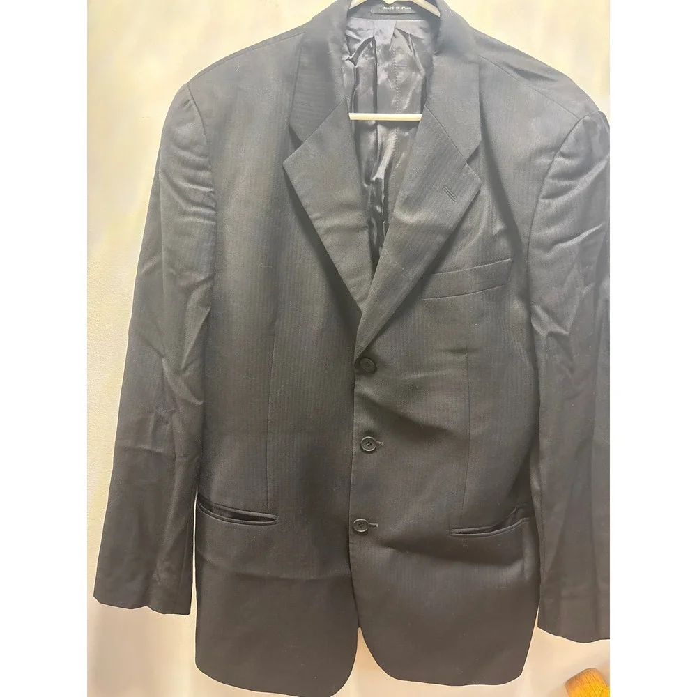 Emporio Armani Blazer Mens‎ 38.5L Black Herringbone 3-Button Suit Jacket Good